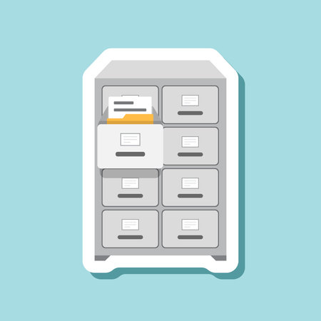 Office cabinet sticker icon in flat style. Furniture storage vector illustration on isolated background. Drawer sign business concept.のイラスト素材
