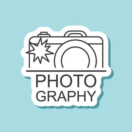Camera sticker icon in flat style. Photography text vector illustration on isolated background. Photo sign business concept.のイラスト素材