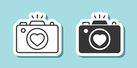Camera sticker icon in flat style. Photography equipment vector illustration on isolated background. Photo sign business concept.のイラスト素材