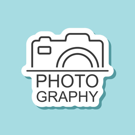 Camera sticker icon in flat style. Photography text vector illustration on isolated background. Photo sign business concept.のイラスト素材