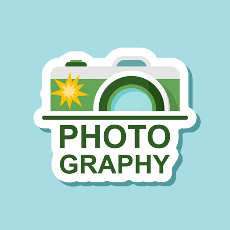 Camera sticker icon in flat style. Photography text vector illustration on isolated background. Photo sign business concept.のイラスト素材