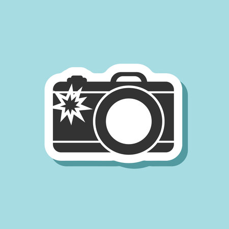 Camera sticker icon in flat style. Photography equipment vector illustration on isolated background. Photo sign business concept.のイラスト素材