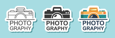 Camera sticker icon set collection in flat style. Photography equipment vector illustration on isolated background. Photo sign business concept.のイラスト素材