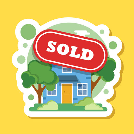 Real estate banner with house sticker icon in flat style. Sale label vector illustration on isolated background. Sold sign business concept.のイラスト素材