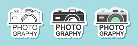 Camera sticker icon set collection in flat style. Photography equipment vector illustration on isolated background. Photo sign business concept.のイラスト素材
