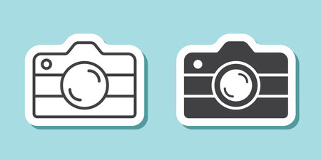 Camera sticker icon in flat style. Photography equipment vector illustration on isolated background. Photo sign business concept.のイラスト素材
