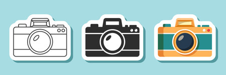 Camera sticker icon in flat style. Photography equipment vector illustration on isolated background....