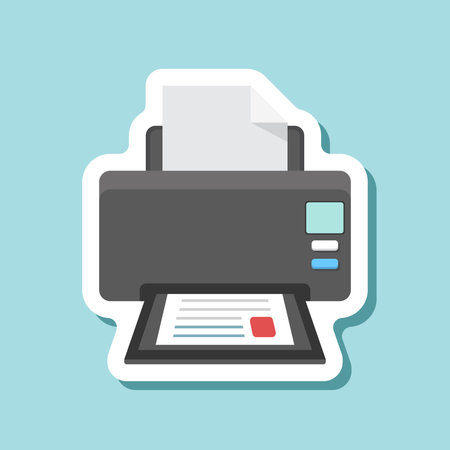 Printer sticker icon in flat style. Office machine vector illustration on isolated background. Printout sign business concept.のイラスト素材