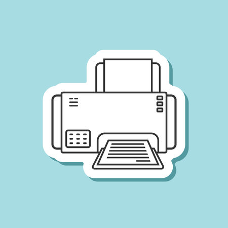 Printer sticker icon in flat linear style. Office machine vector illustration on isolated background. Printout sign business concept.のイラスト素材