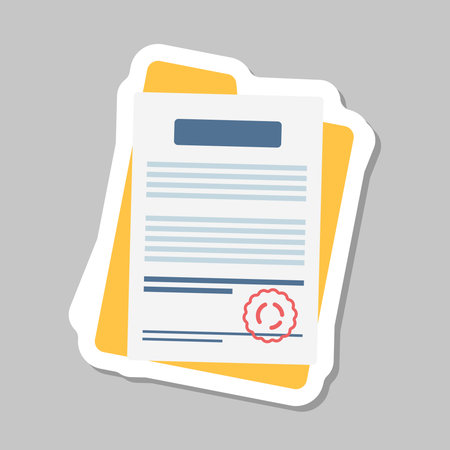 Document, folder with stamp and text sticker icon in flat style. White papers vector illustration on isolated background. Confirmed or approved document sign business concept.のイラスト素材