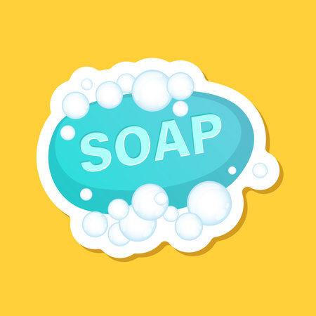 Bar of soap with foam sticker icon in flat style. Cosmetic product for hygienic vector illustration on isolated background. Toiletries sign business concept.のイラスト素材
