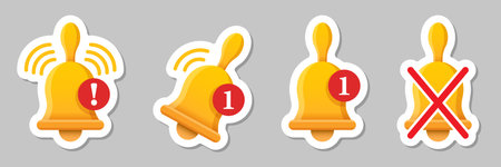 Notification bell sticker icon set in flat style. Incoming inbox message vector illustration on isolated background. Ringing bell sign business concept.のイラスト素材