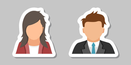 Avatar profile sticker icon in flat style. Female and male user profile vector illustration on isolated background. Women and man profile sign business concept.のイラスト素材