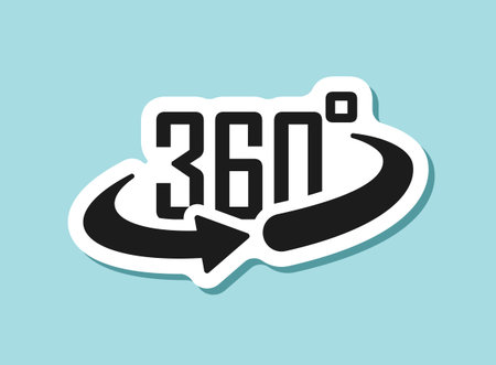 360 degrees sticker icon in flat style. Rotate symbol vector illustration on isolated background. Angle view sign business concept.のイラスト素材