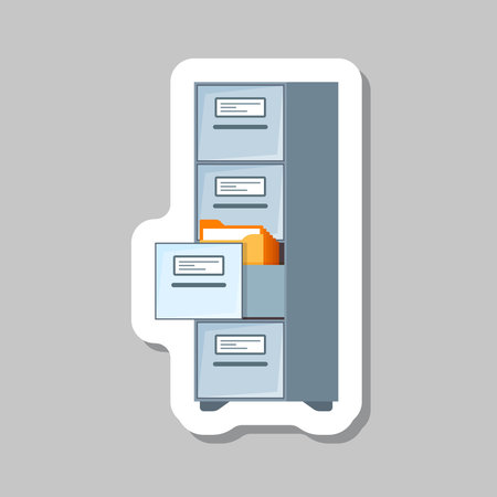 Office cabinet sticker icon in flat style. Furniture storage vector illustration on isolated background. Drawer sign business concept.のイラスト素材