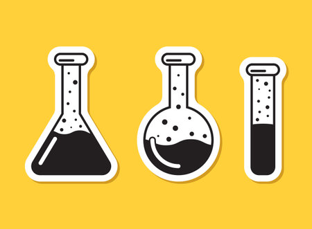 Science lab bottle stickers icon set collection in flat style. Laboratory glassware equipment vector illustration on isolated background. Test tube sign business concept.のイラスト素材