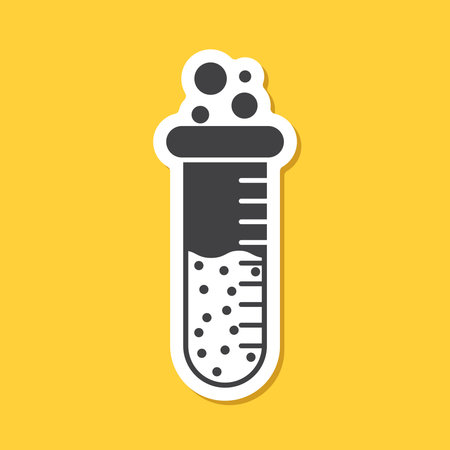 Science lab bottle sticker icon in flat style. Laboratory glassware equipment vector illustration on isolated background. Test tube sign business concept.のイラスト素材