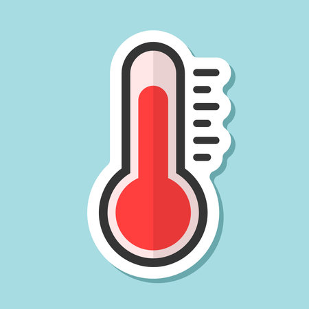 Thermometer sticker icon in flat style. Climate control vector illustration on isolated background....