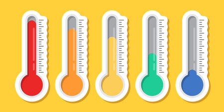 Thermometer sticker icon set in flat style. Climate control vector illustration on isolated background. Weather change sign business concept.のイラスト素材