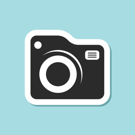 Photo camera sticker icon in flat style. Photography equipment vector illustration on isolated background. Professional photographic sign business concept.のイラスト素材
