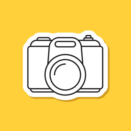 Photo camera sticker icon in flat line style. Photography equipment vector illustration on isolated...
