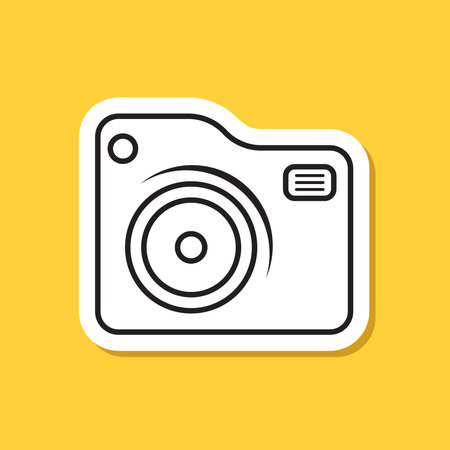 Photo camera sticker icon in flat line style. Photography equipment vector illustration on isolated background. Professional photographic sign business concept.のイラスト素材