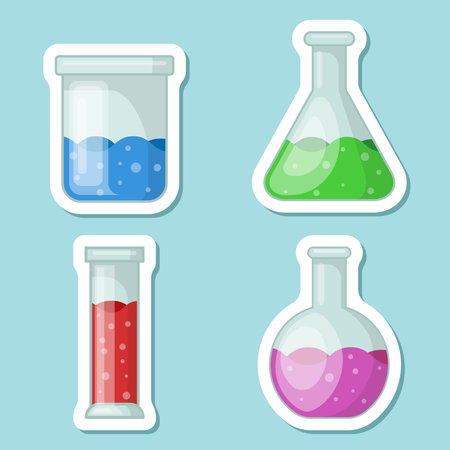 Science lab bottle sticker icon set in flat style. Laboratory glassware equipment vector illustration on isolated background. Test tube sign business concept.のイラスト素材