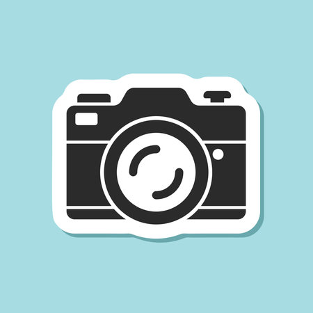 Photo camera sticker icon in flat style. Photography equipment vector illustration on isolated...