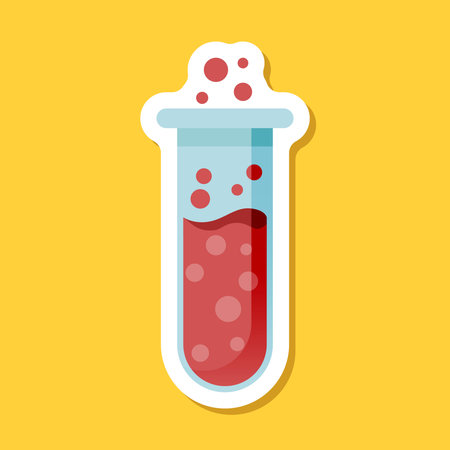 Science lab bottle sticker icon in flat style. Laboratory glassware equipment vector illustration on isolated background. Test tube sign business concept.のイラスト素材