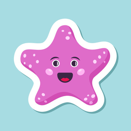 Cute smiling starfish sticker icon in flat style. Sea stars vector illustration on isolated background. Sea animal sign business concept.のイラスト素材
