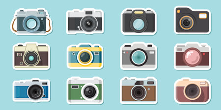 Photo camera sticker icon set in flat style. Photography equipment vector illustration on isolated background. Professional photographic sign business concept.のイラスト素材