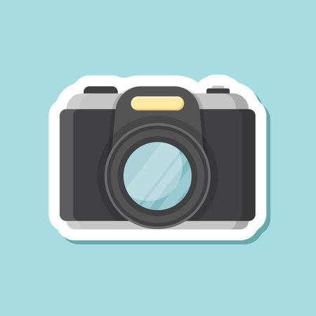 Photo camera sticker icon in flat style. Photography equipment vector illustration on isolated background. Professional photographic sign business concept.のイラスト素材