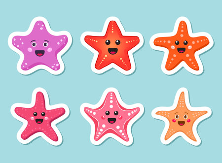 Cute smiling starfish sticker icons set in flat style. Sea stars vector illustration on isolated background. Sea animal sign business concept.のイラスト素材
