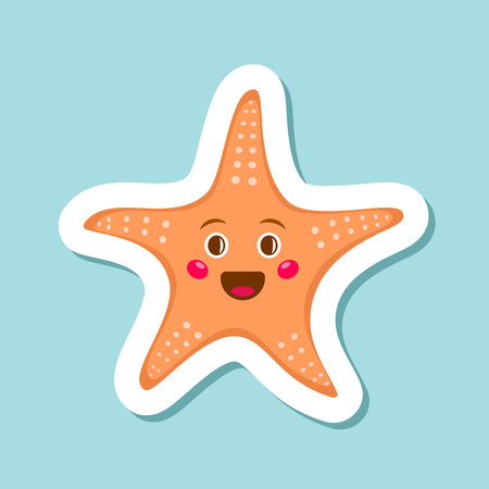 Cute smiling starfish sticker icon in flat style. Sea stars vector illustration on isolated background. Sea animal sign business concept.のイラスト素材