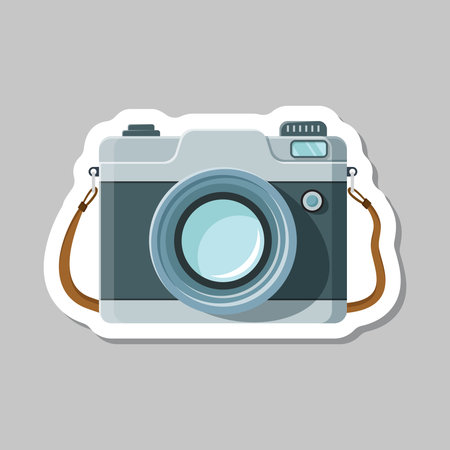 Photo camera sticker icon in flat style. Photography equipment vector illustration on isolated background. Professional photographic sign business concept.のイラスト素材