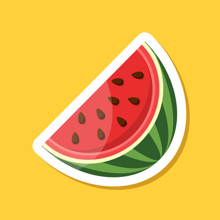Watermelon sticker icon in flat style. Fresh sweet and healthy fruit vector illustration on isolated background. Summer food sign business concept.のイラスト素材