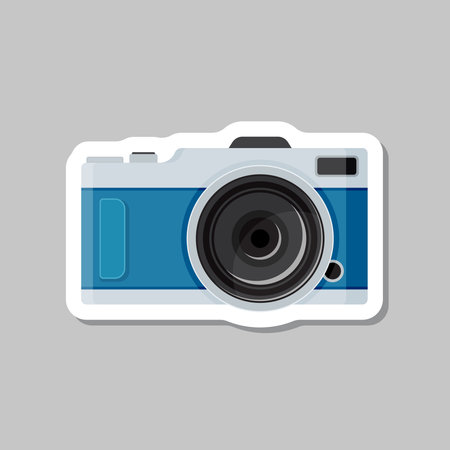 Photo camera sticker icon in flat style. Photography equipment vector illustration on isolated background. Professional photographic sign business concept.のイラスト素材