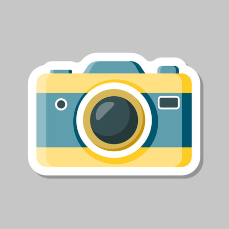 Photo camera sticker icon in flat style. Photography equipment vector illustration on isolated background. Professional photographic sign business concept.のイラスト素材