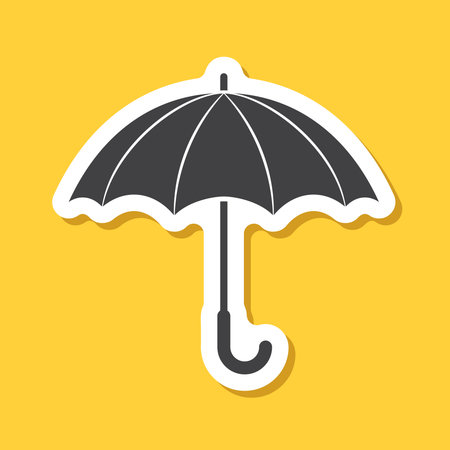 Waterproof umbrella sticker icon in flat style. Parasol vector illustration on isolated background. Rainy protection sign business concept.のイラスト素材