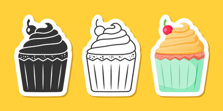 Sweet dessert sticker icon set in flat style. Cupcake vector illustration on isolated background....