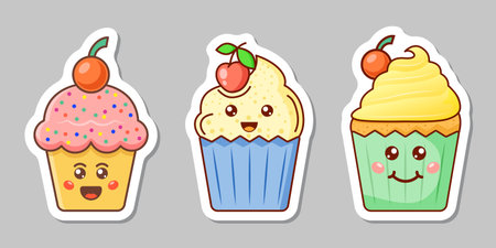 Cute sweet desserts sticker icon set in flat style. Kawaii cupcake vector illustration on isolated background. Happy muffin sign business concept.のイラスト素材