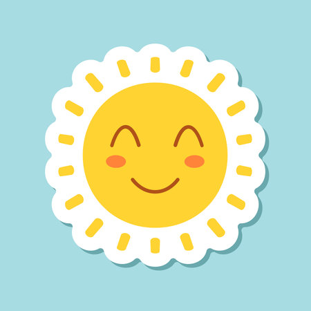 Funny sun with face sticker icon in flat style. Summer sunshine emoji vector illustration on isolated background. Smiling sun sign business concept.のイラスト素材