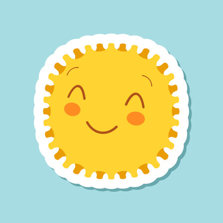 Funny sun with face sticker icon in flat style. Summer sunshine emoji vector illustration on isolated background. Smiling sun sign business concept.のイラスト素材