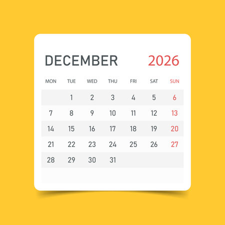 Calendar december 2026 icon in flat style. Planner sticker vector illustration on yellow isolated background. Calender sign business concept.のイラスト素材