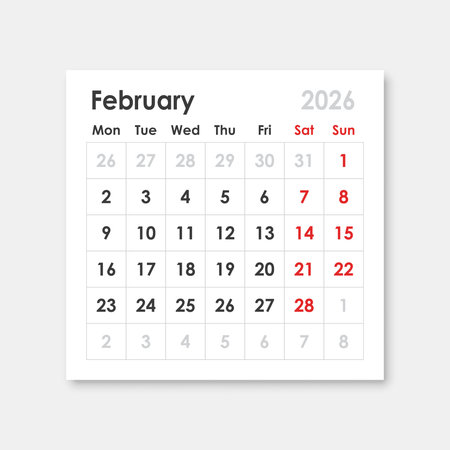Calendar february 2026 icon in flat style. Planner sticker vector illustration on isolated background. Calender sign business concept.のイラスト素材