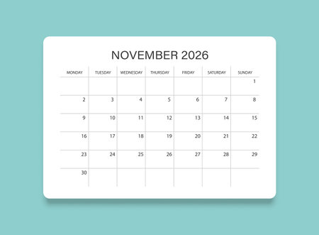 November 2026 calendar in flat style. Planner sticker vector illustration on isolated background. Calender sign business concept.のイラスト素材