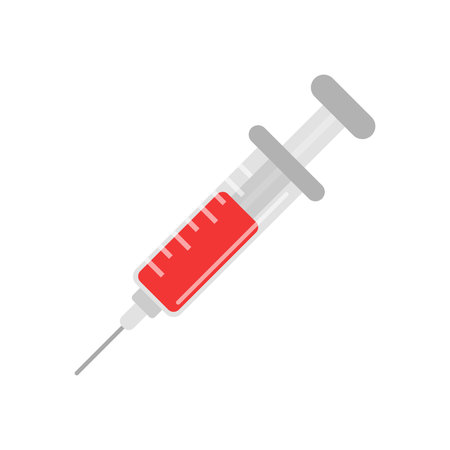 Syringe with vaccine icon in flat style. Medical syringe vector illustration on isolated background. Injector sign business concept.のイラスト素材