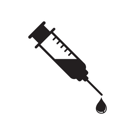 Syringe with vaccine icon in flat style. Medical syringe vector illustration on isolated background. Injector sign business concept.のイラスト素材