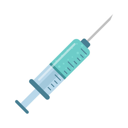 Syringe with vaccine icon in flat style. Medical syringe vector illustration on isolated background. Injector sign business concept.のイラスト素材