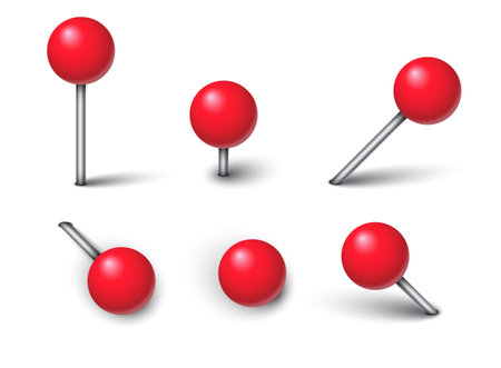 Red needle pin with shadow set collection in flat style. Map push pins vector illustration on isolated background. Pushpin for paper notice sign business concept.のイラスト素材